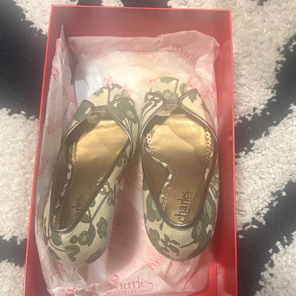 Charles By Charles David Green Floral Canvas Flats